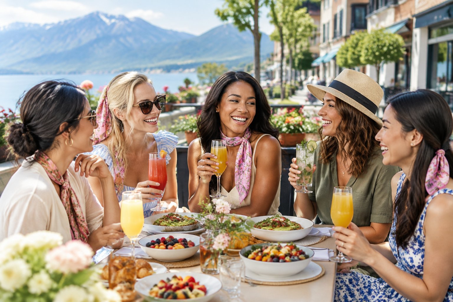 A group of women enjoying a stylish outdoor brunch together in a scenic U.S. destination.