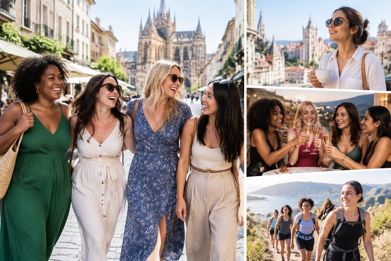 A diverse group of women enjoying a celebratory weekend together in a sunny European city.