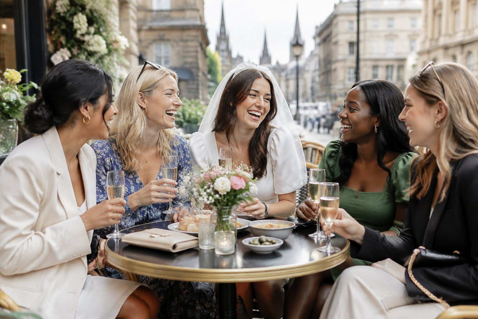 A group of friends enjoying a relaxed celebration at an outdoor city café.