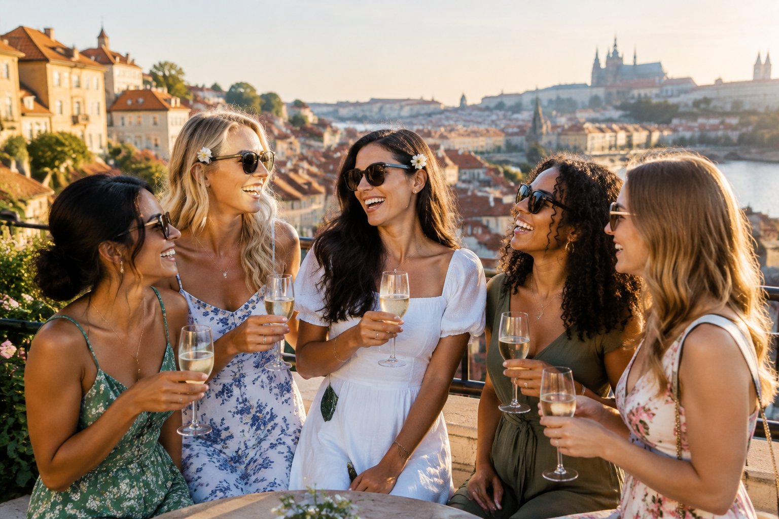 A group of women friends celebrating together on a sunny European terrace overlooking a historic city.