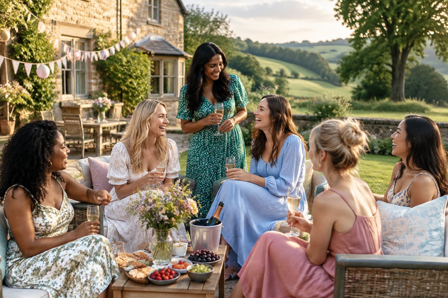 A group of friends enjoying a relaxed hen party at a countryside house.