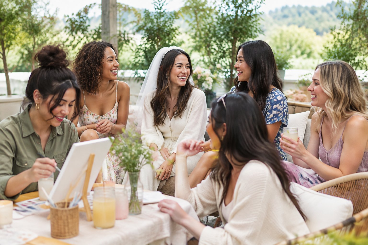 A group of friends gathers at a bright, stylish venue for a relaxed hen party celebration.