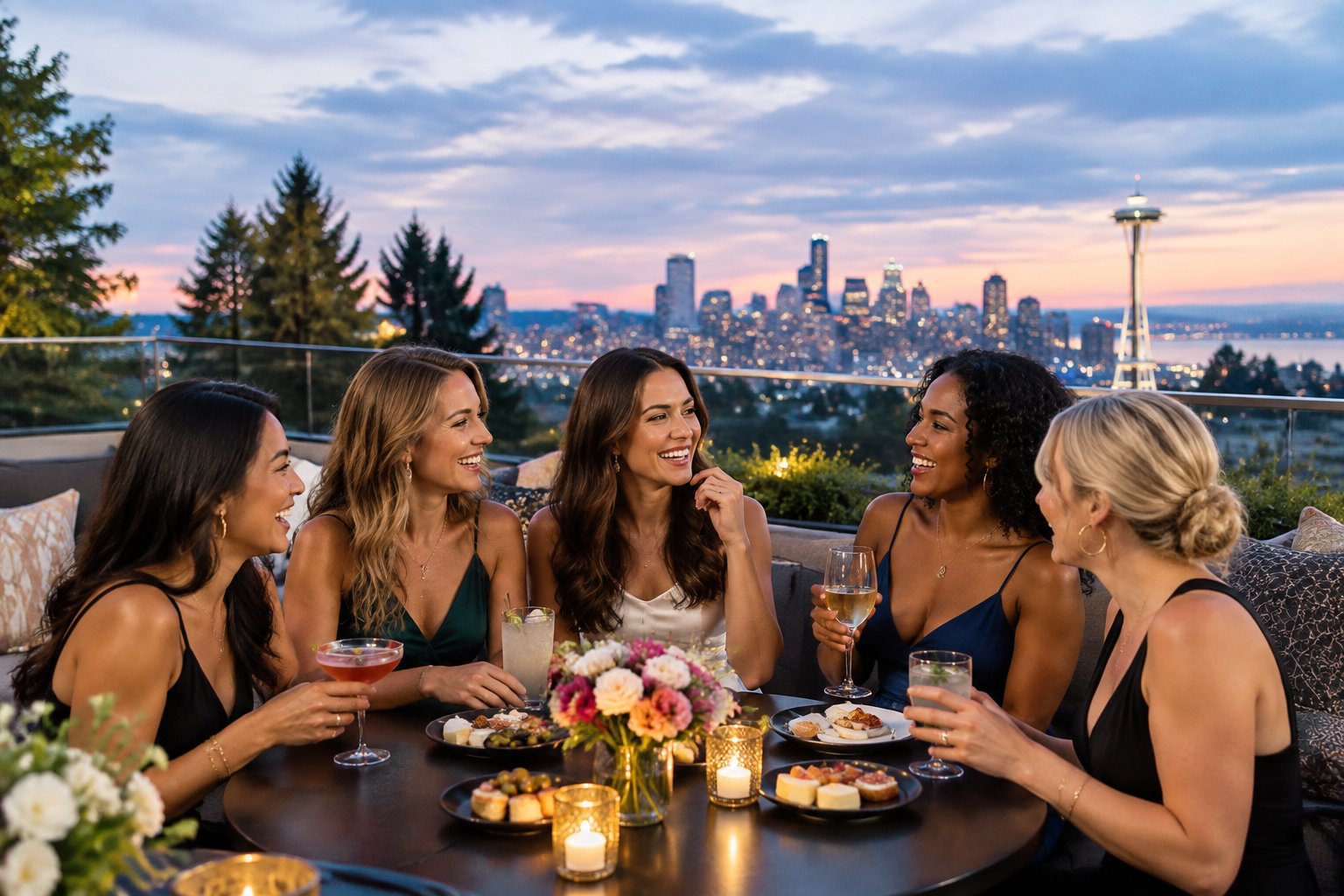 A group of women enjoying a stylish evening celebration at an outdoor restaurant near Seattle.
