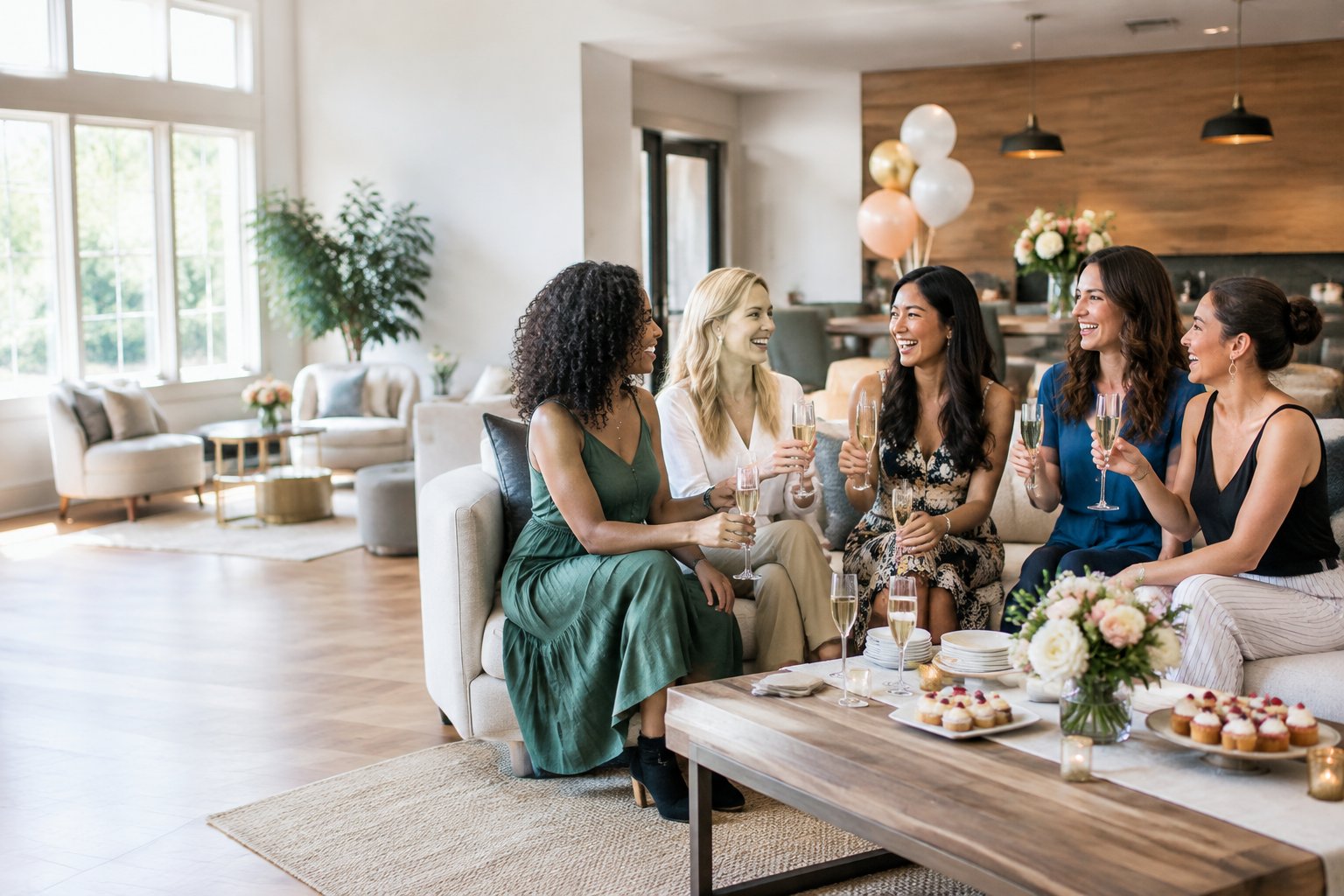 A diverse group of women enjoying a celebration in a spacious, stylish private event venue.