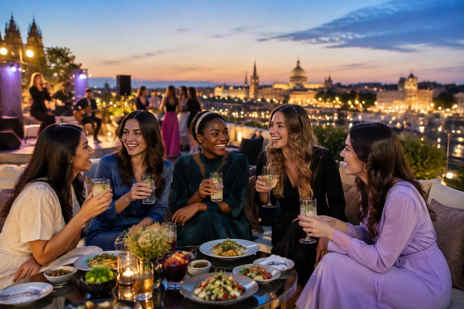 A group of women celebrating at a rooftop city lounge with music, skyline views, festive decorations, and kosher-friendly food.