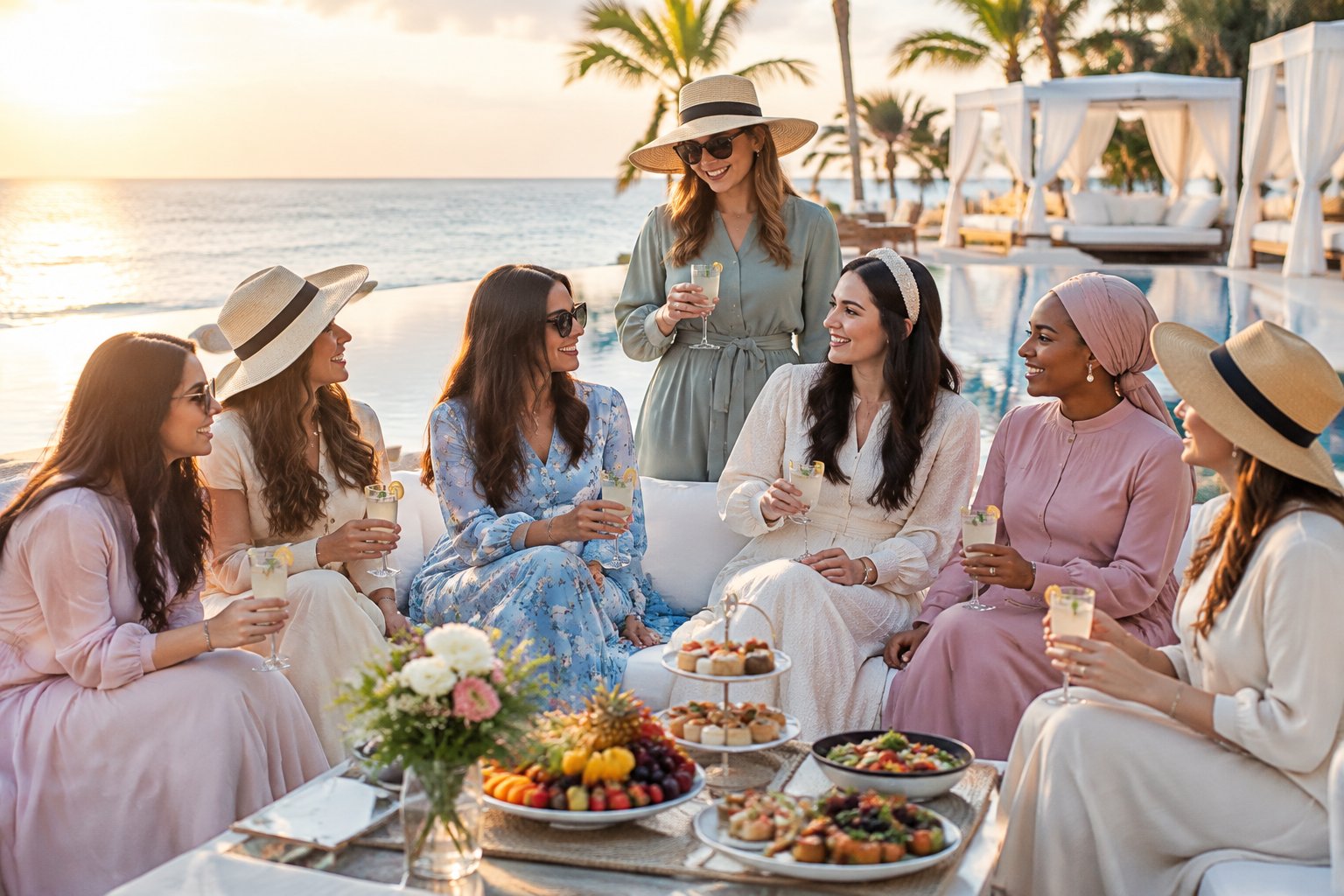A group of women celebrating at a sunny beach resort beside an infinity pool with tropical fruit and elegant refreshments.