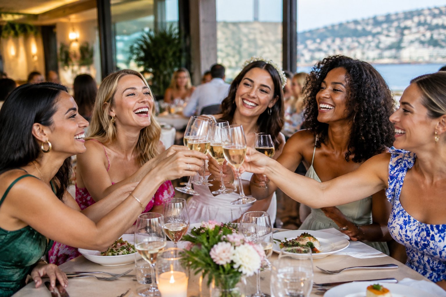 A group of women celebrating a hen party over dinner at an elegant restaurant.