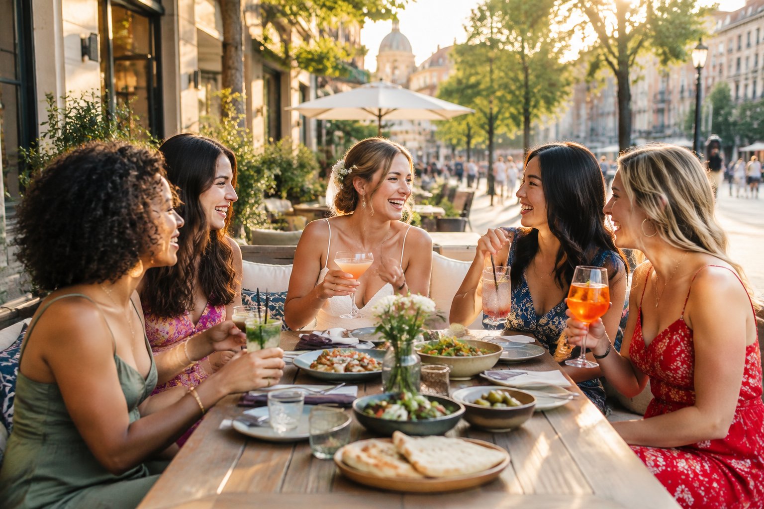 A group of women celebrating a hen party at an elegant outdoor restaurant in a lively city.