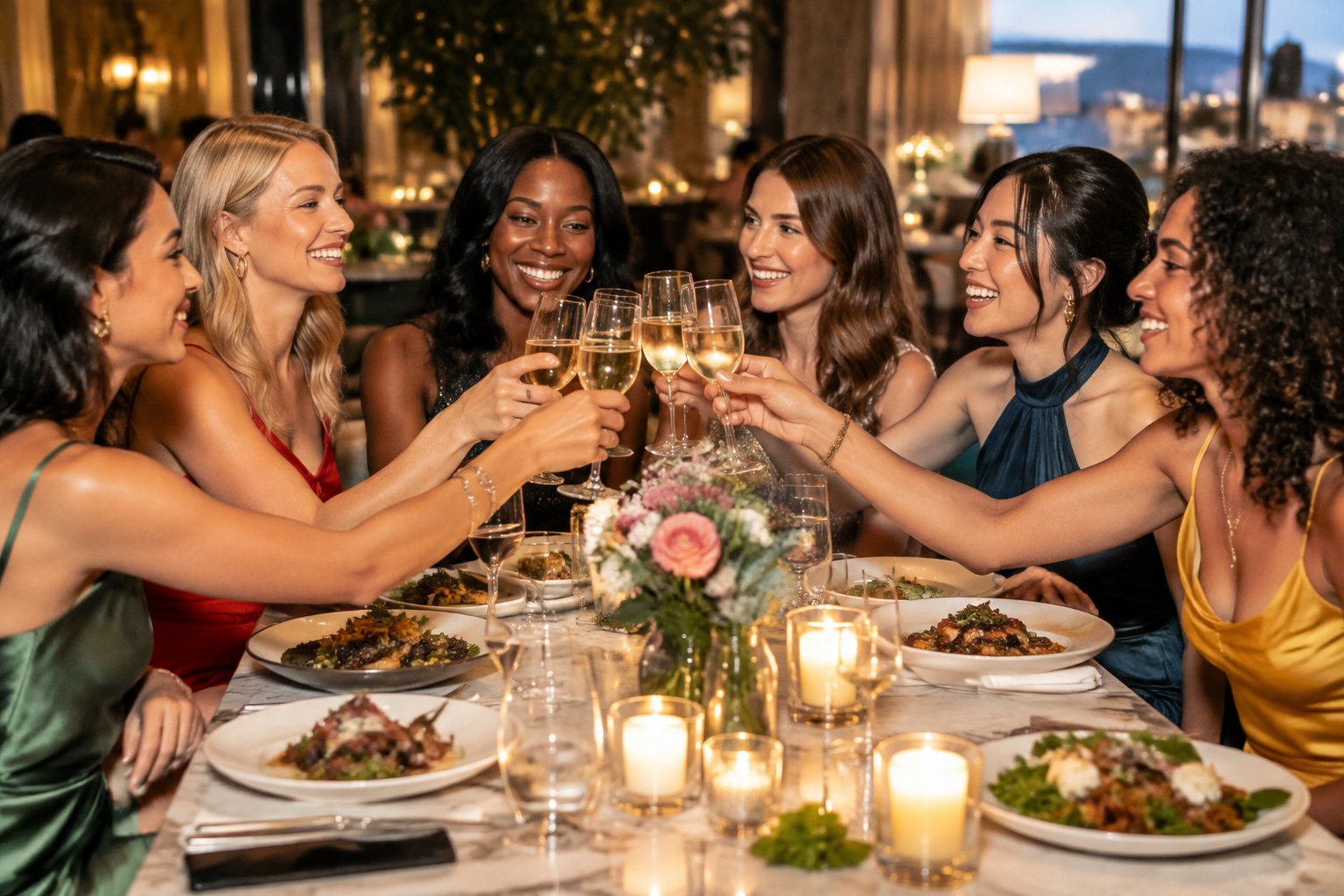 A group of women celebrating together over an elegant dinner at a stylish restaurant.