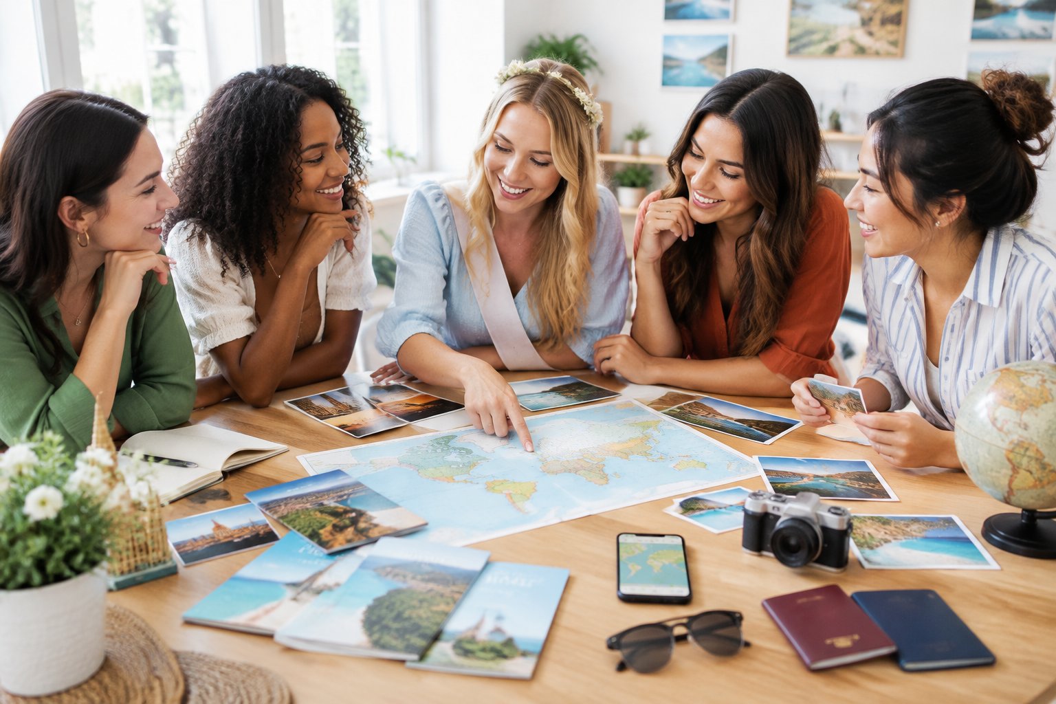 A group of friends compares travel ideas for a hen party around a table.