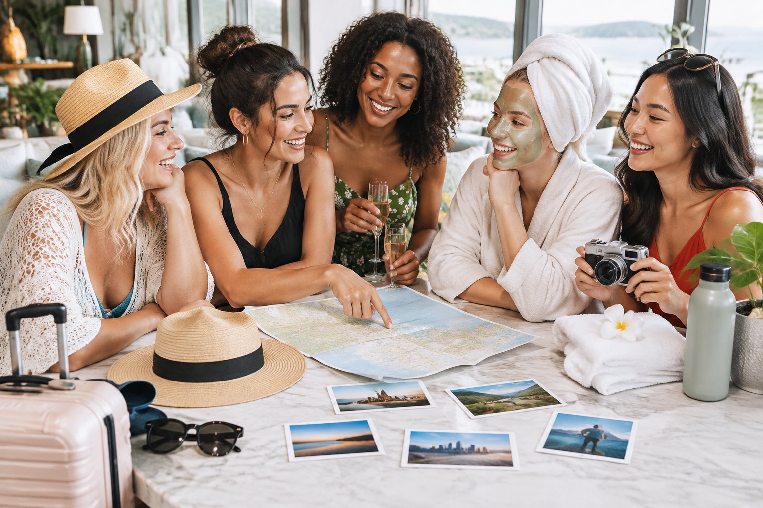 Friends gather around a table to plan a celebratory group trip.