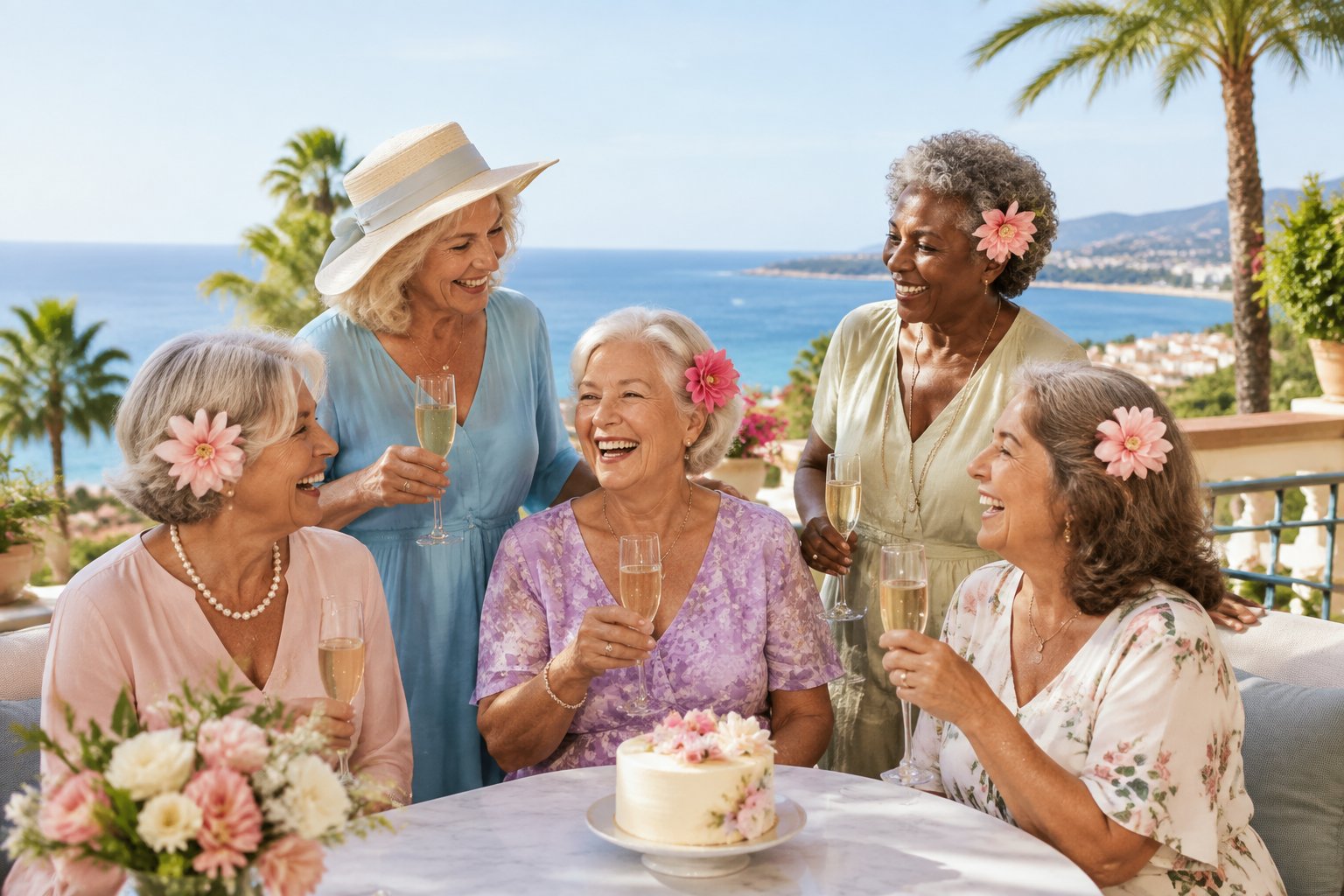 A group of senior women celebrating together on a sunny coastal resort terrace.