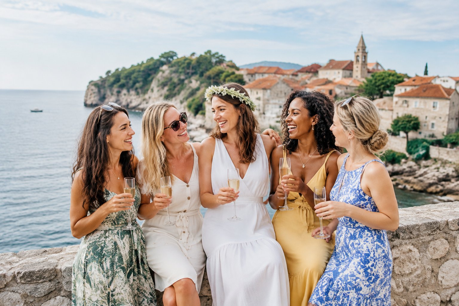 A group of women celebrating a hen party in a picturesque, uncrowded destination.