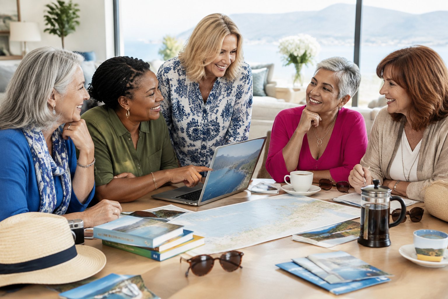 A group of senior women gathers around a table to discuss and plan a holiday destination.