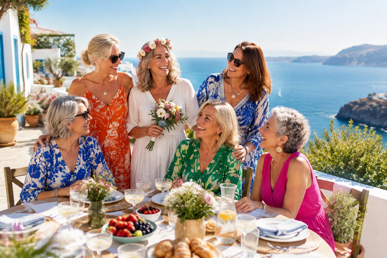 A group of older women celebrating together on a sunny Mediterranean terrace overlooking the sea.