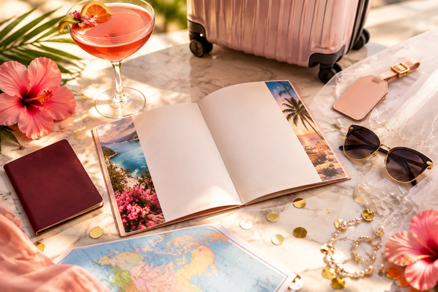 A stylish travel arrangement with a blank brochure, cocktail, passport, sunglasses, suitcase, map, flowers, and party decorations.