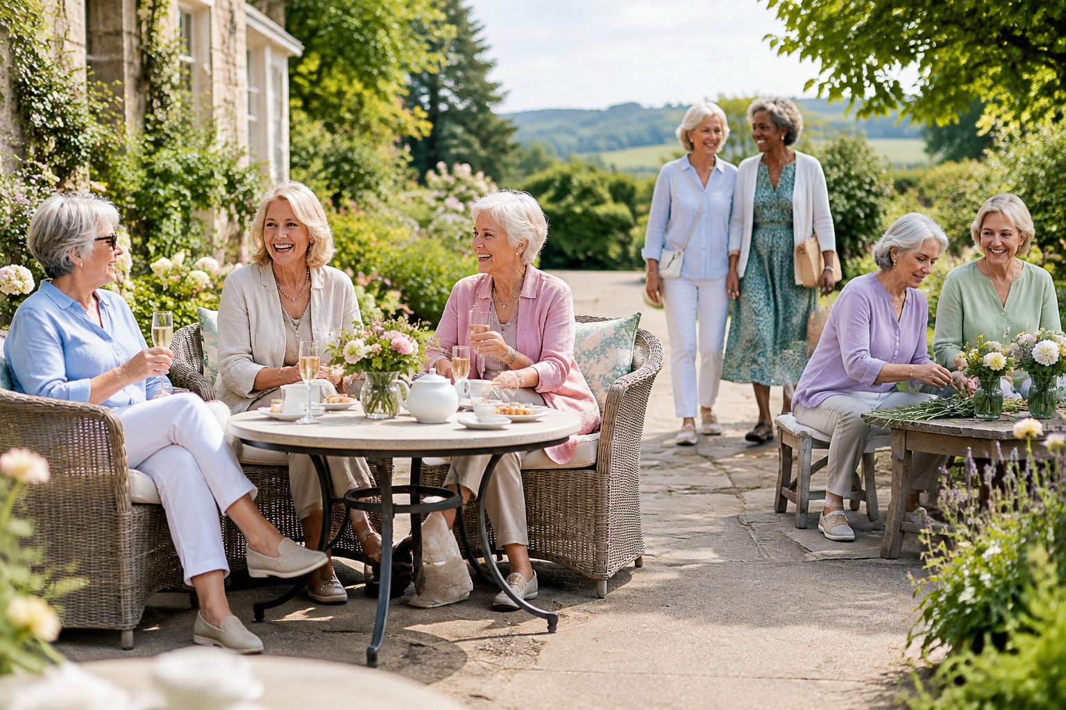 A group of older women enjoy gentle activities and refreshments together in a landscaped hotel garden.