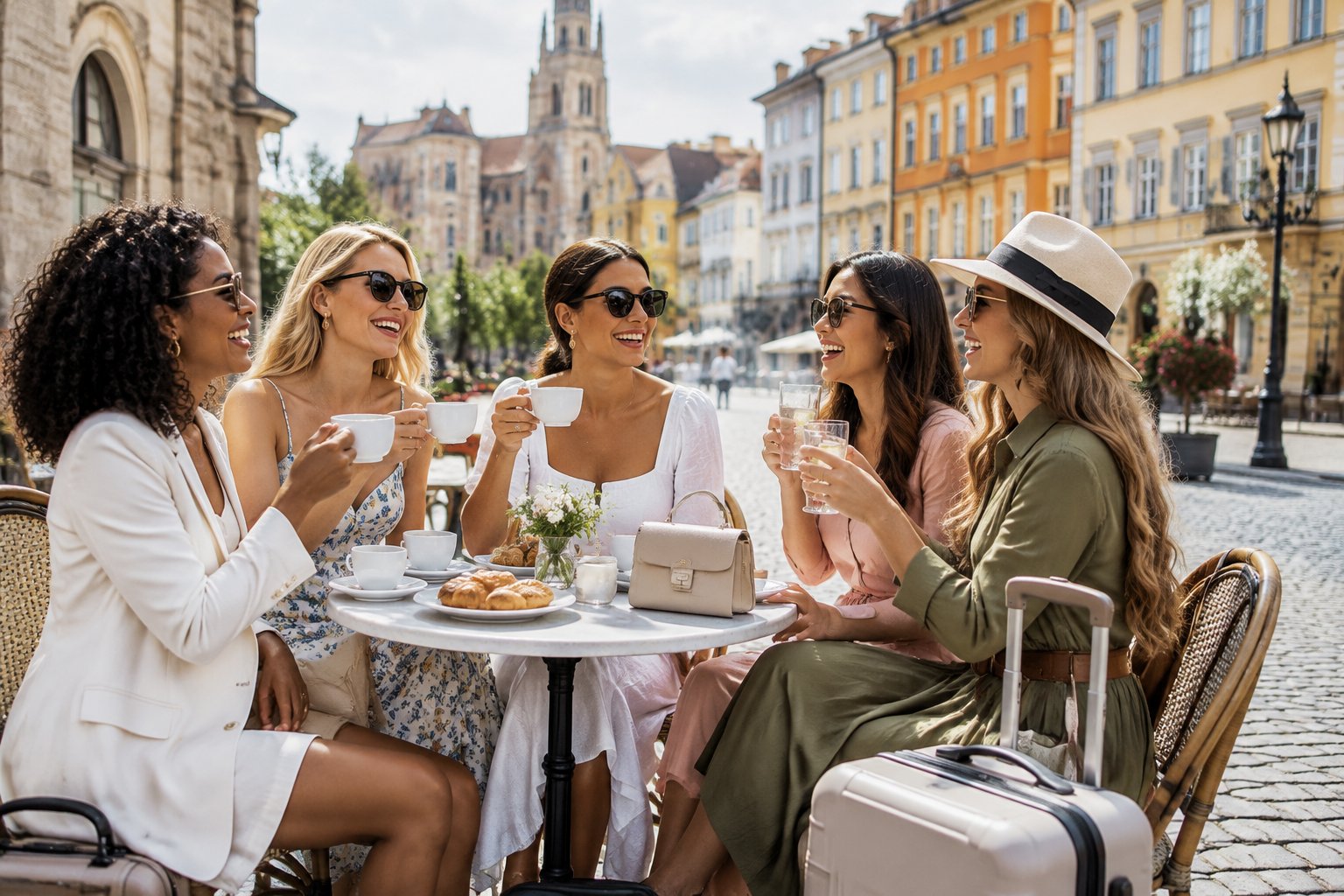 A group of friends enjoying drinks together at an outdoor café in a European city.