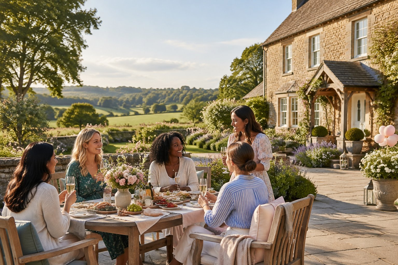 A group of women relaxing outside a charming countryside house surrounded by green fields.