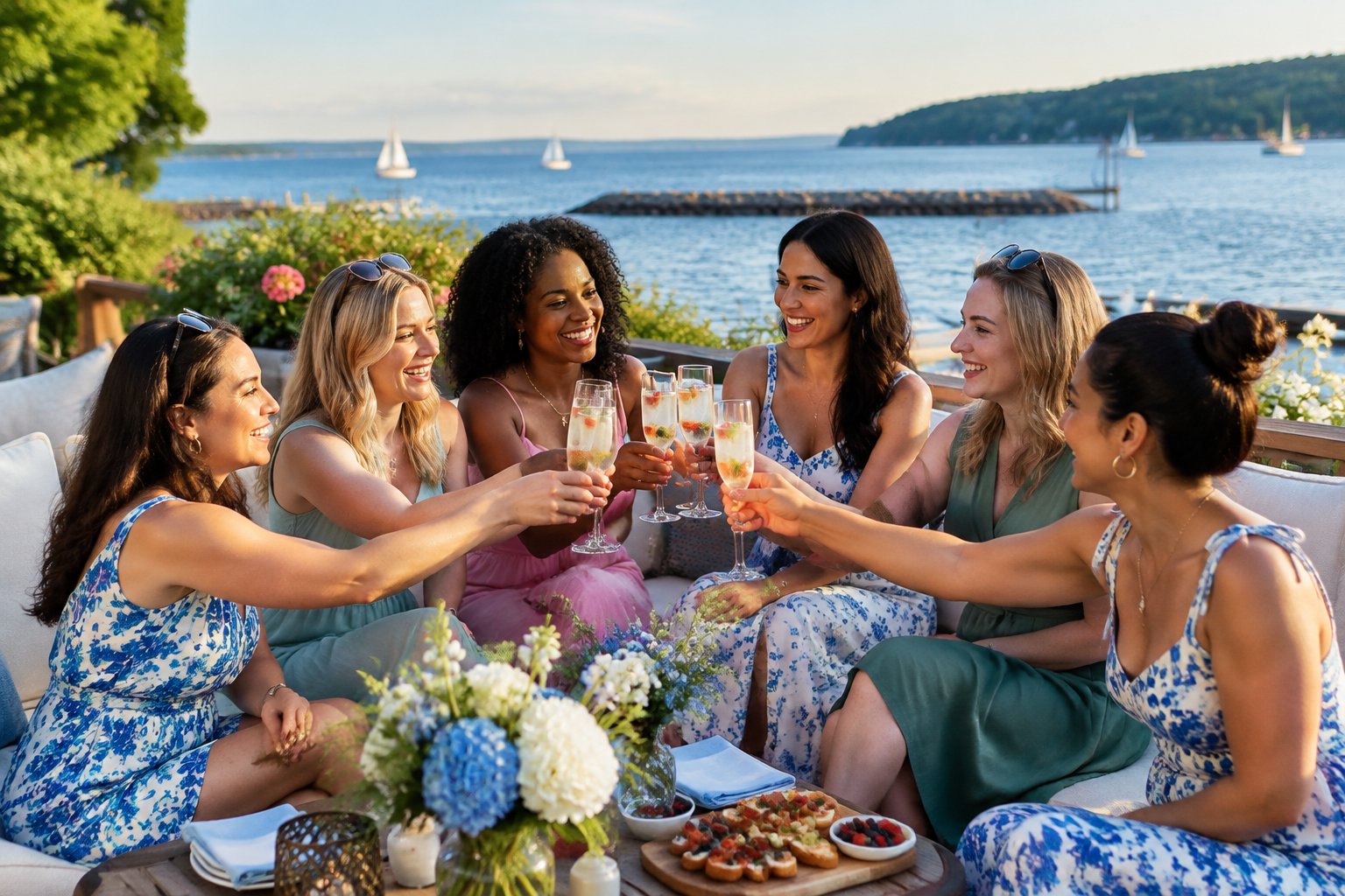 A group of women celebrating together at a scenic lakeside venue in Sodus.