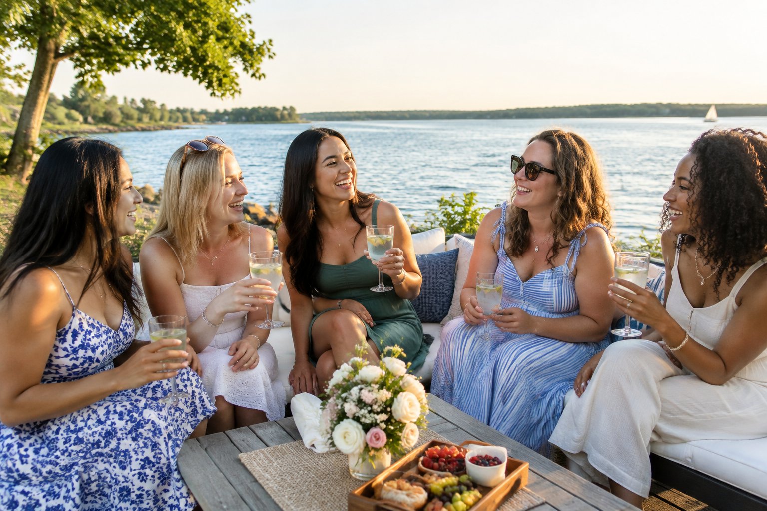 A group of women friends celebrating together at a scenic lakeside destination in Sodus.