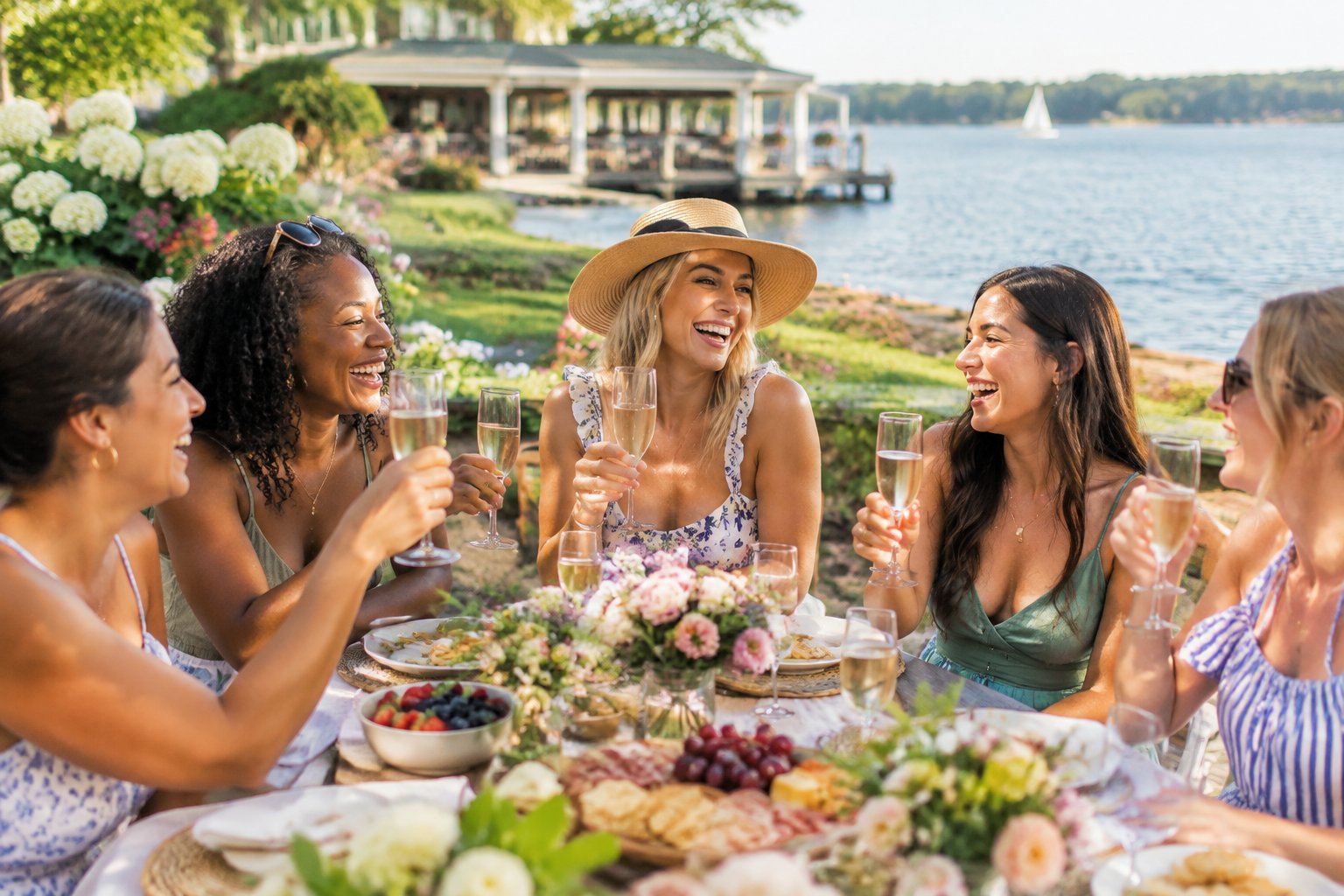 A group of women celebrating a hen party beside a scenic lakeside venue in Sodus.