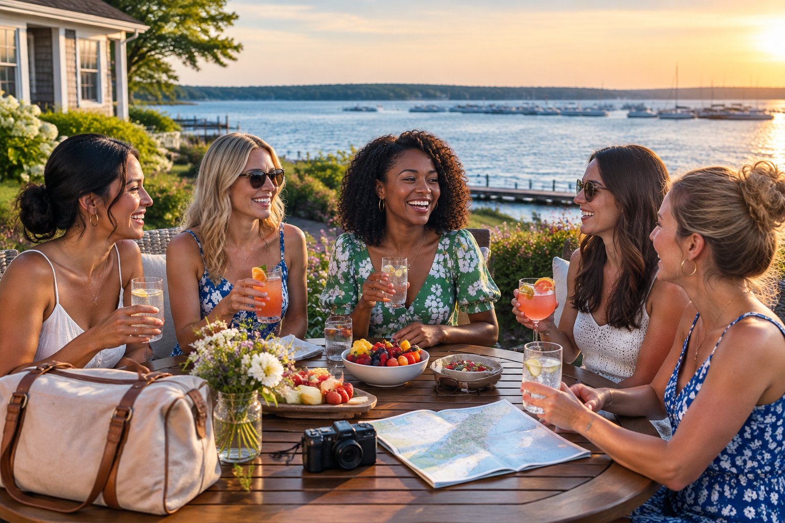 A group of friends enjoying a lakeside gathering with travel bags and refreshments near a marina.