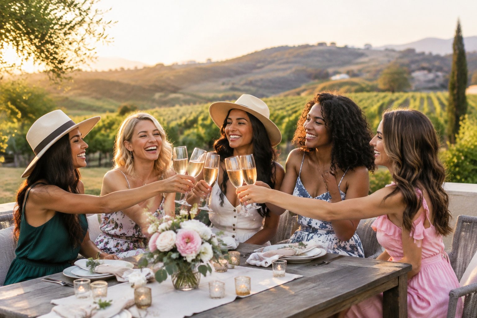 A group of women celebrating together at a sunny vineyard near Murrieta.