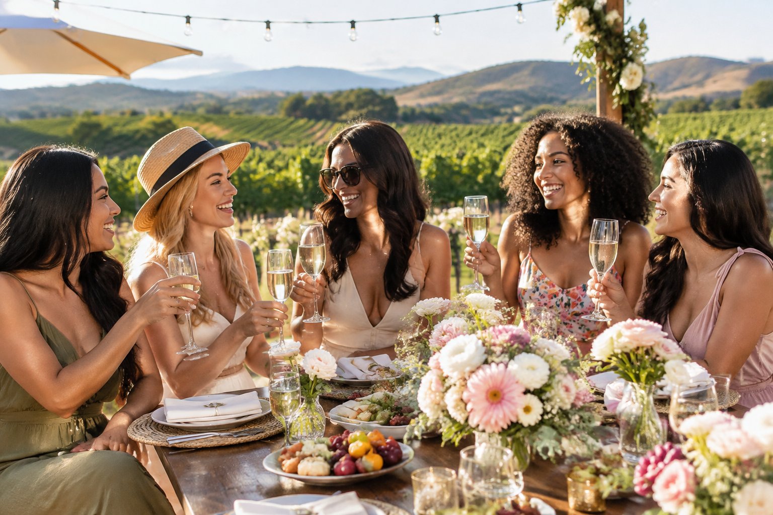 A group of women celebrating together at an elegant outdoor vineyard venue in Murrieta.