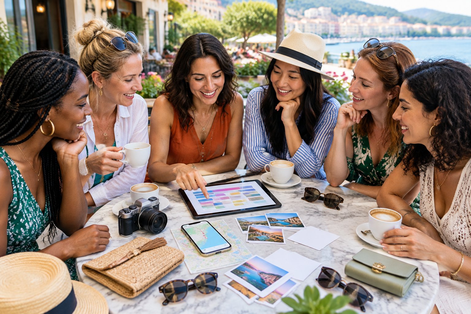 A group of friends gathers at a café to plan a shared hen party itinerary using travel maps and devices.