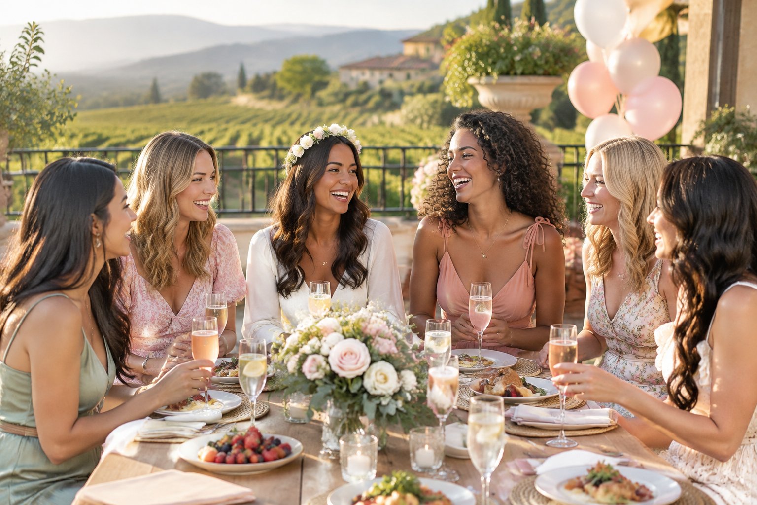 A group of women celebrating together at an elegant outdoor venue surrounded by greenery and hills.