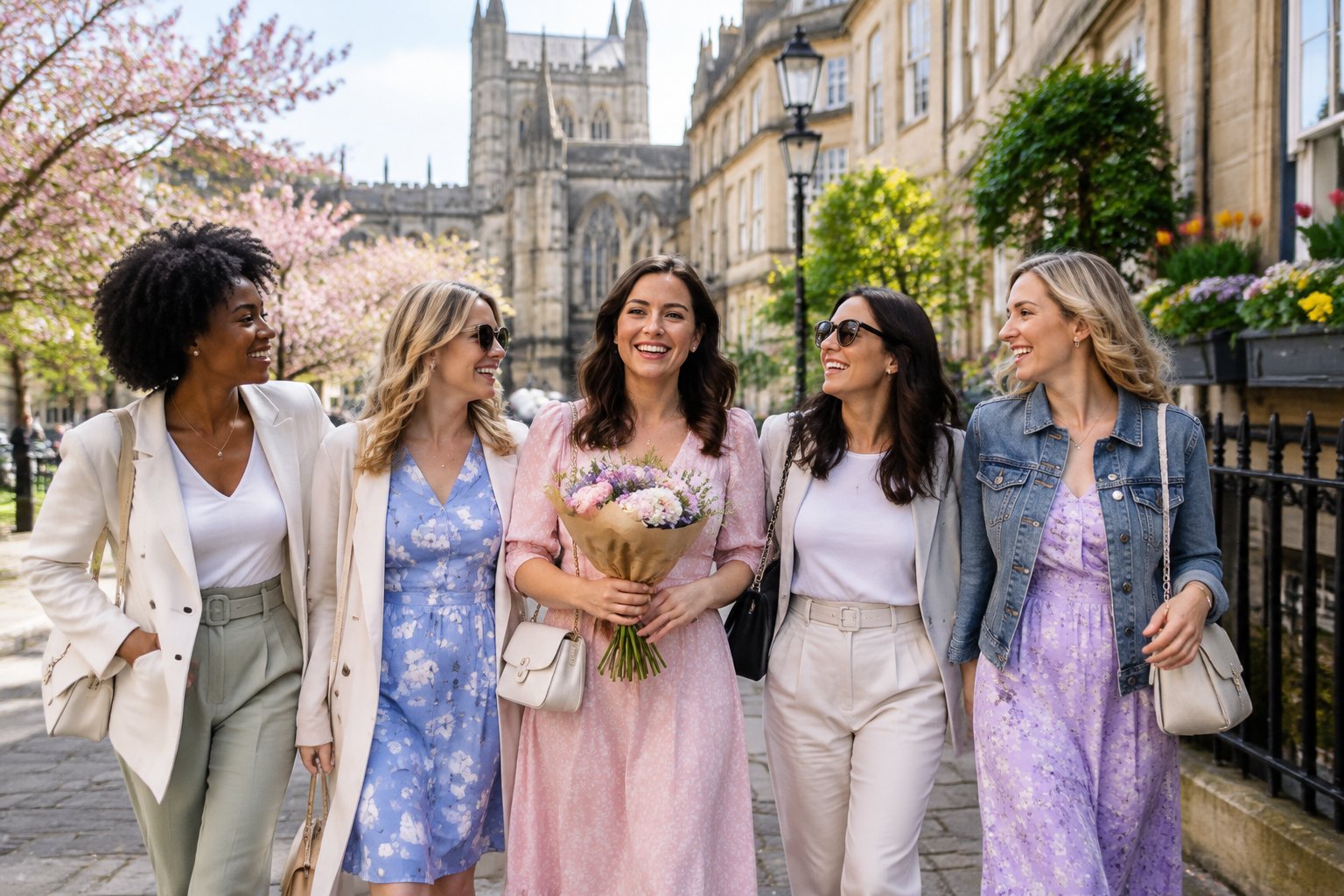 A group of women friends celebrating together on a sunny spring day in a historic British city.
