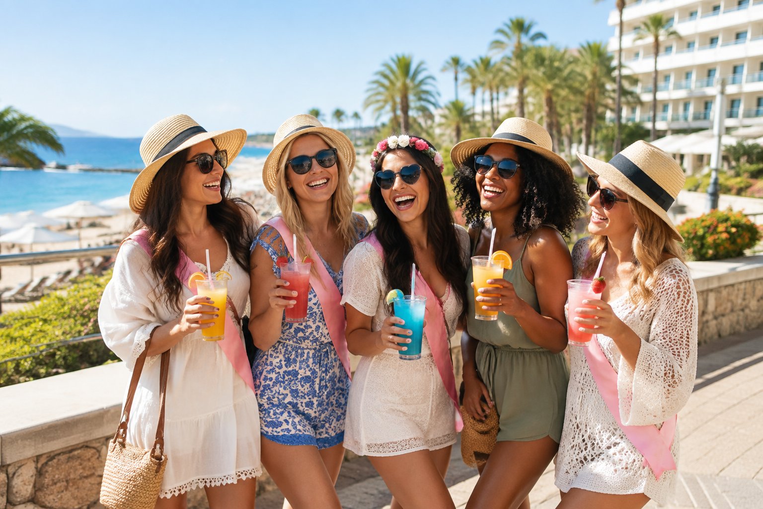 A group of friends celebrating a hen party together at a sunny seaside resort.