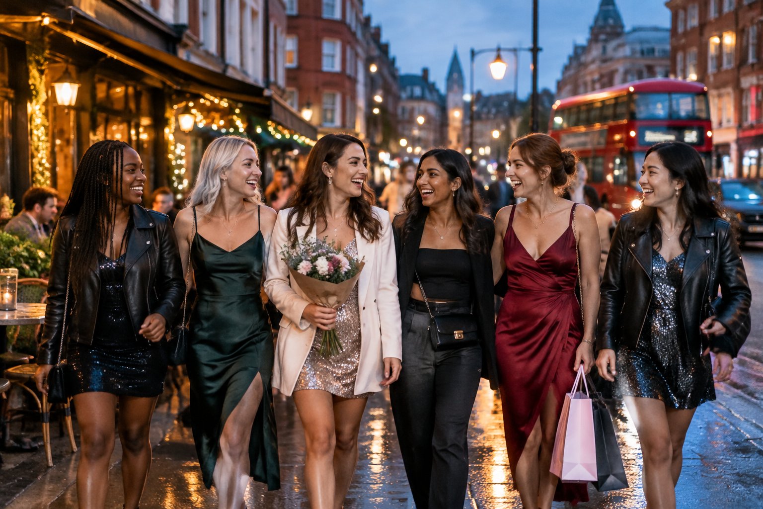 A group of women enjoying an evening hen party in a lively British city centre with restaurants, shops, and nightlife.