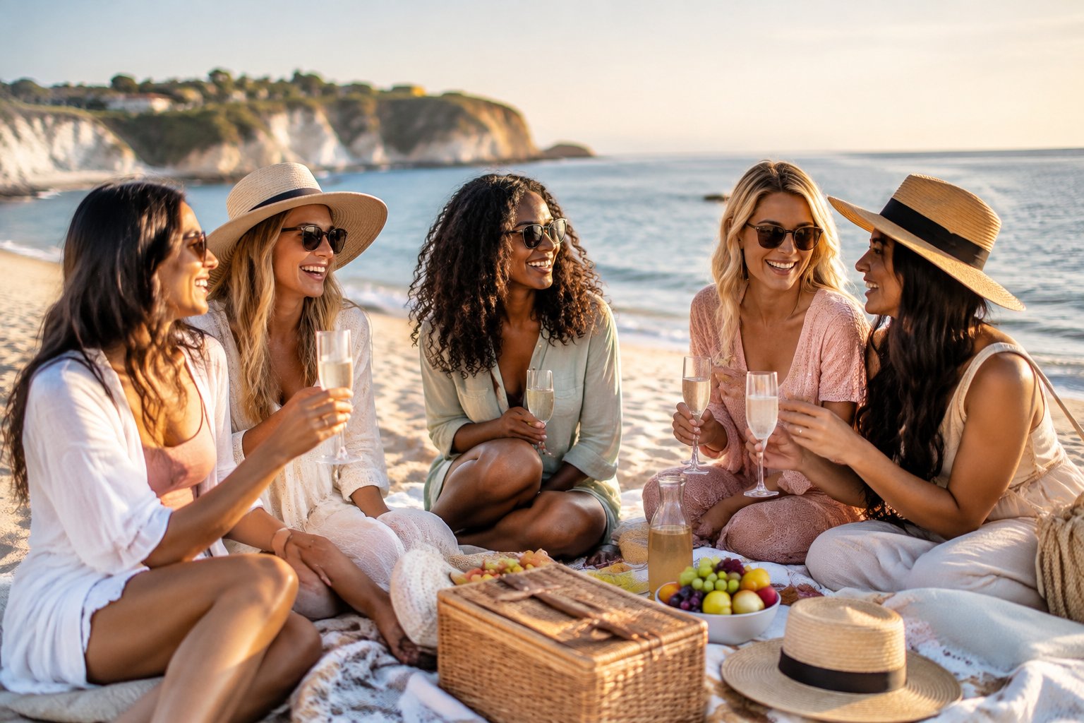 A group of friends celebrating together on a sunny beach beside the sea.