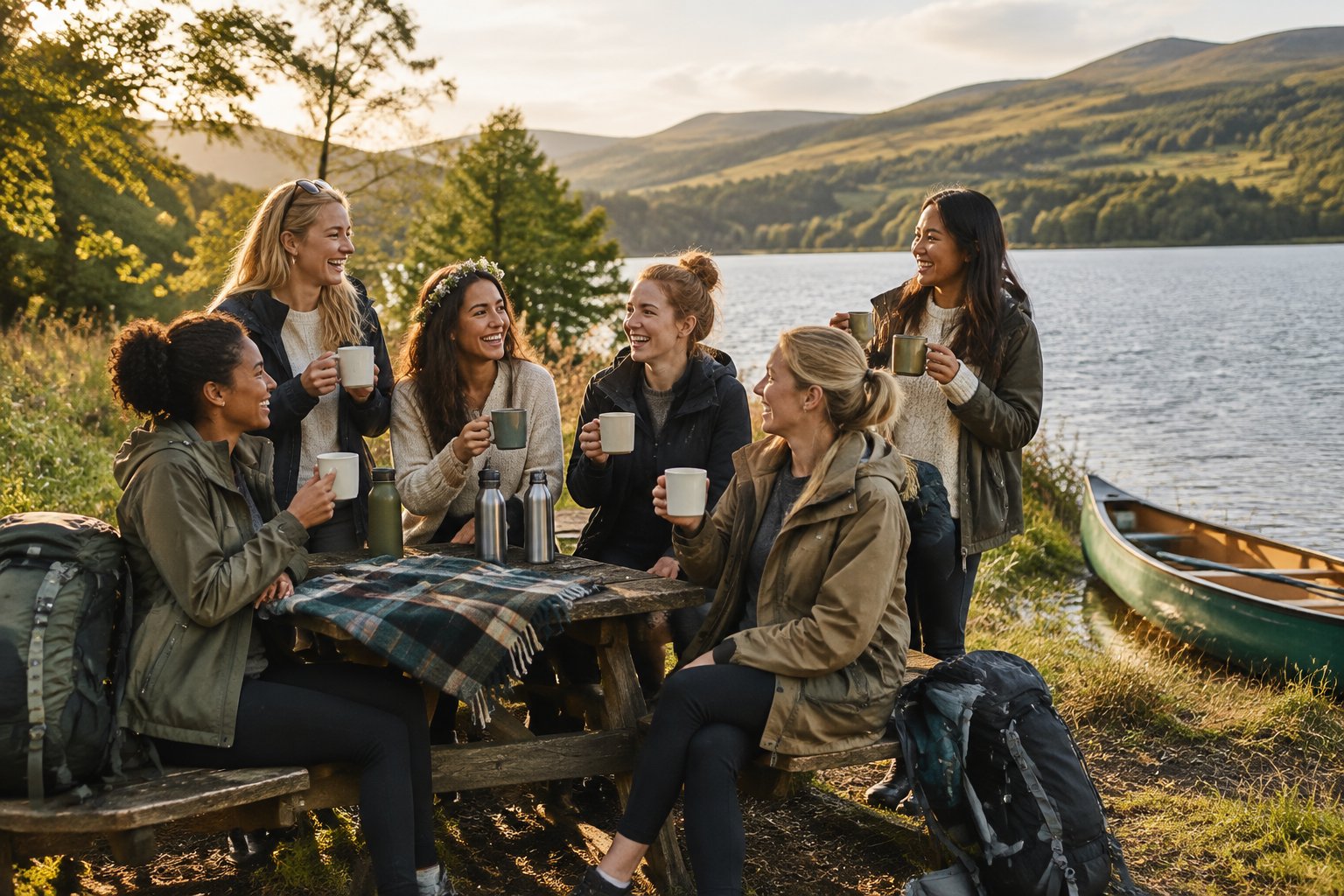 A group of friends celebrating beside a lake in the countryside with hiking and canoeing gear.