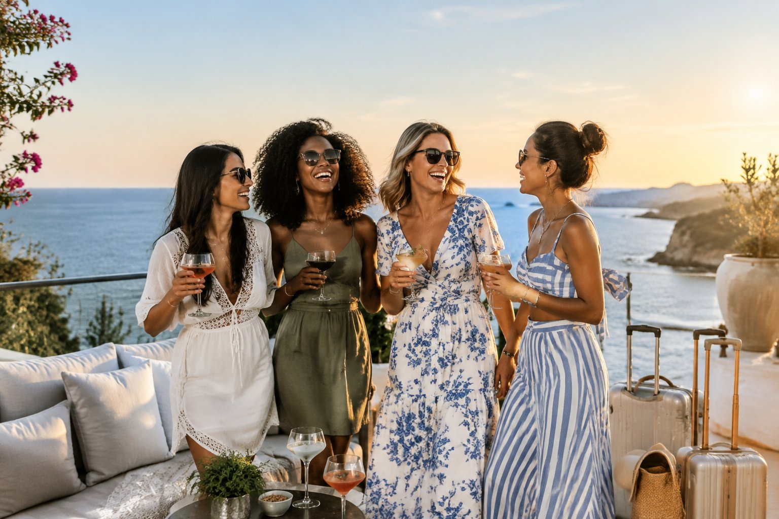A group of friends celebrating together on a sunny coastal getaway.