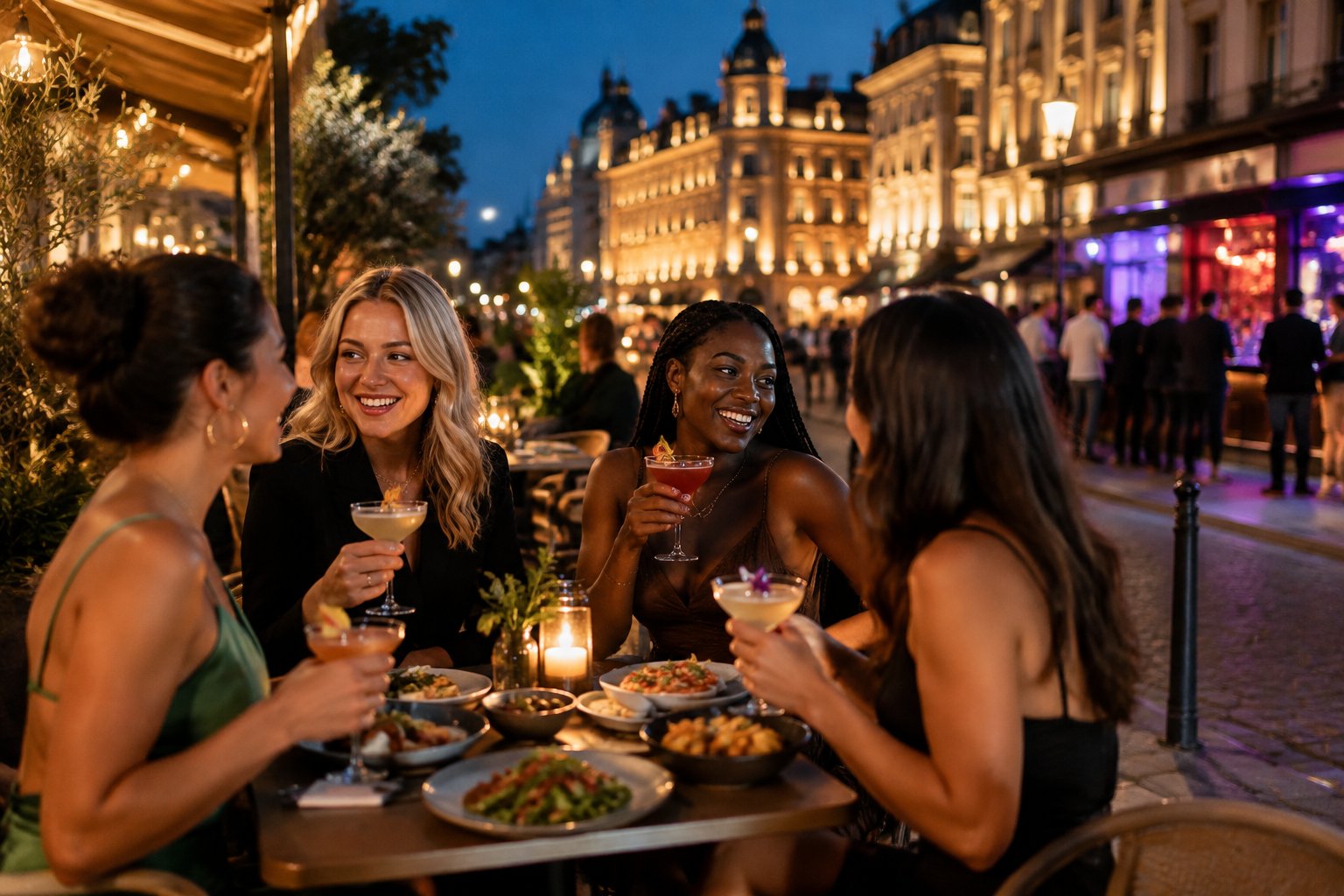 A group of women friends enjoying food and cocktails at a lively city restaurant terrace at night.