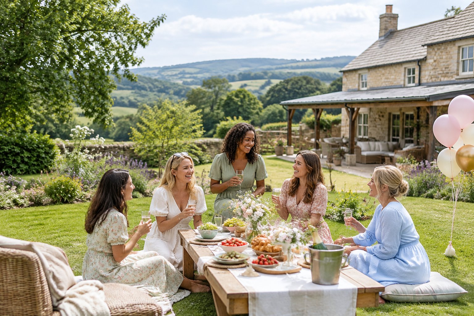 A group of friends relaxing at a countryside cottage during a private outdoor celebration.