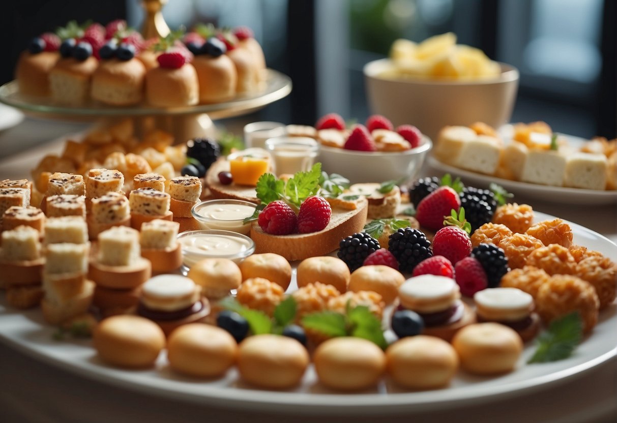 A table spread with assorted finger foods, mini sandwiches, and elegant desserts. Decorative plates and floral arrangements add to the festive atmosphere