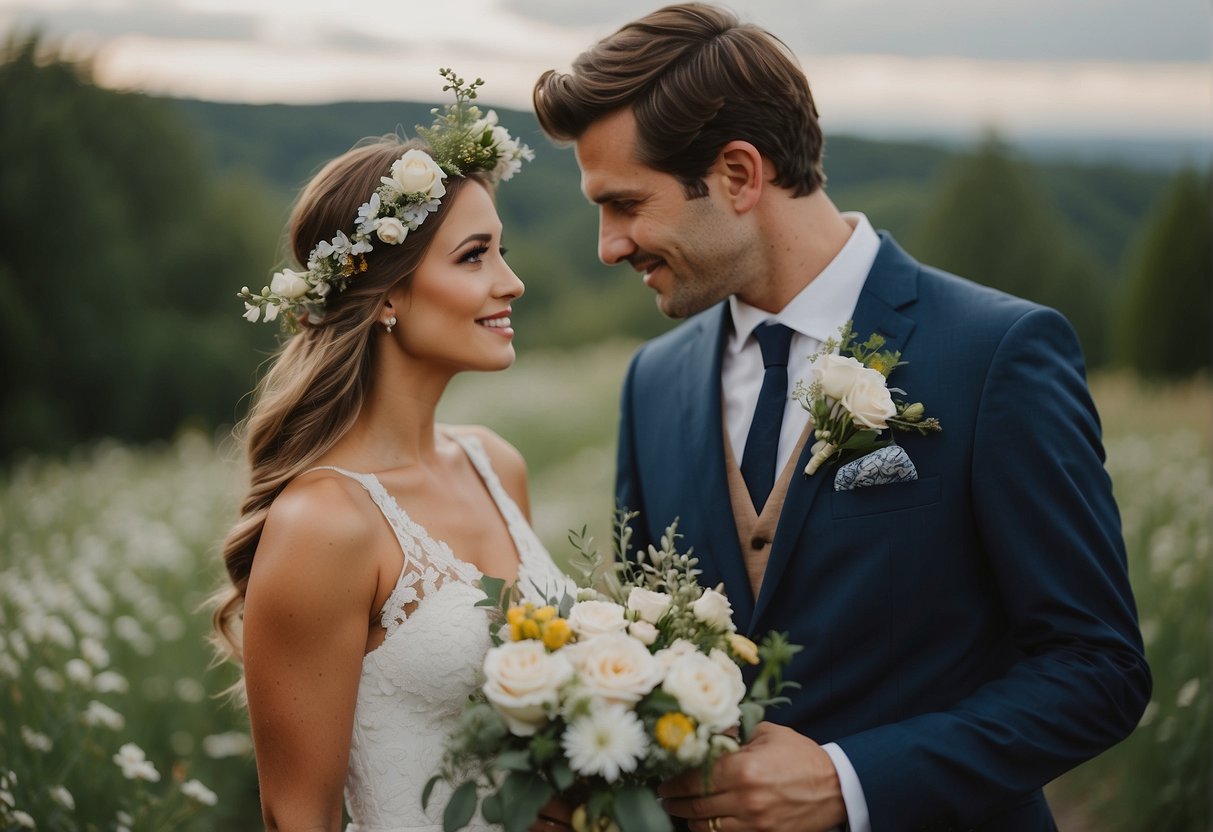 The bride wears a flowing white lace gown with a sweetheart neckline, while the groom sports a tailored navy suit with a rustic boutonniere. Both are adorned with wildflower accents, and the bride dons a delicate flower crown