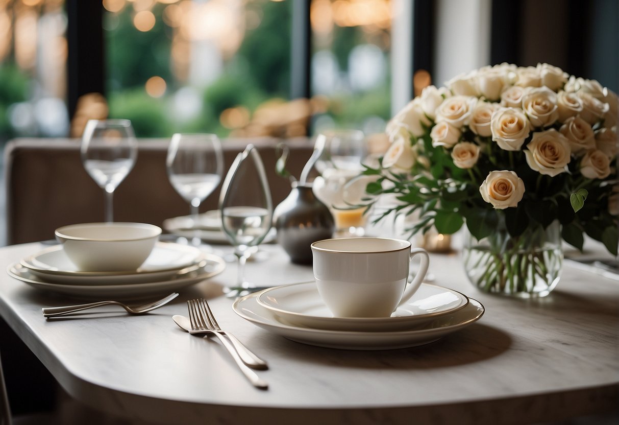 A beautifully set dining table with elegant dinnerware, a bouquet of flowers, and a gift-wrapped package