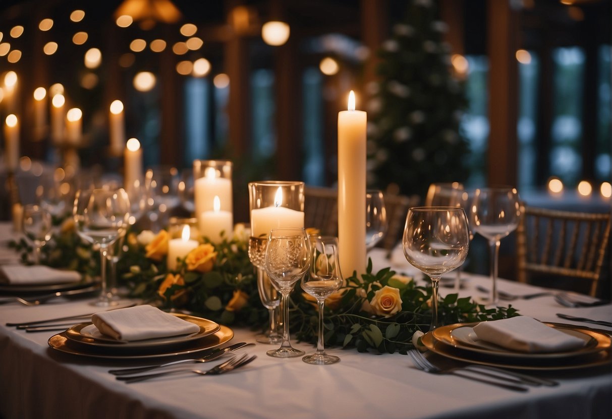 A beautifully decorated table with elegant place settings, floral centerpieces, and soft candlelight. A buffet of gourmet dishes and a cozy atmosphere for guests to enjoy