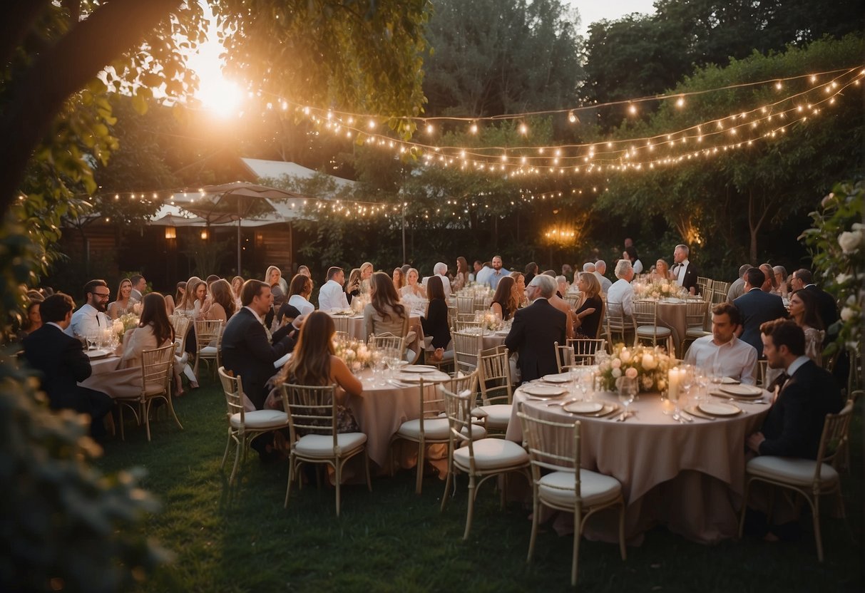 Guests mingle in a charming garden, adorned with twinkling lights and elegant table settings. A live band plays soft music as the sun sets, creating a romantic ambiance for the perfect wedding rehearsal dinner