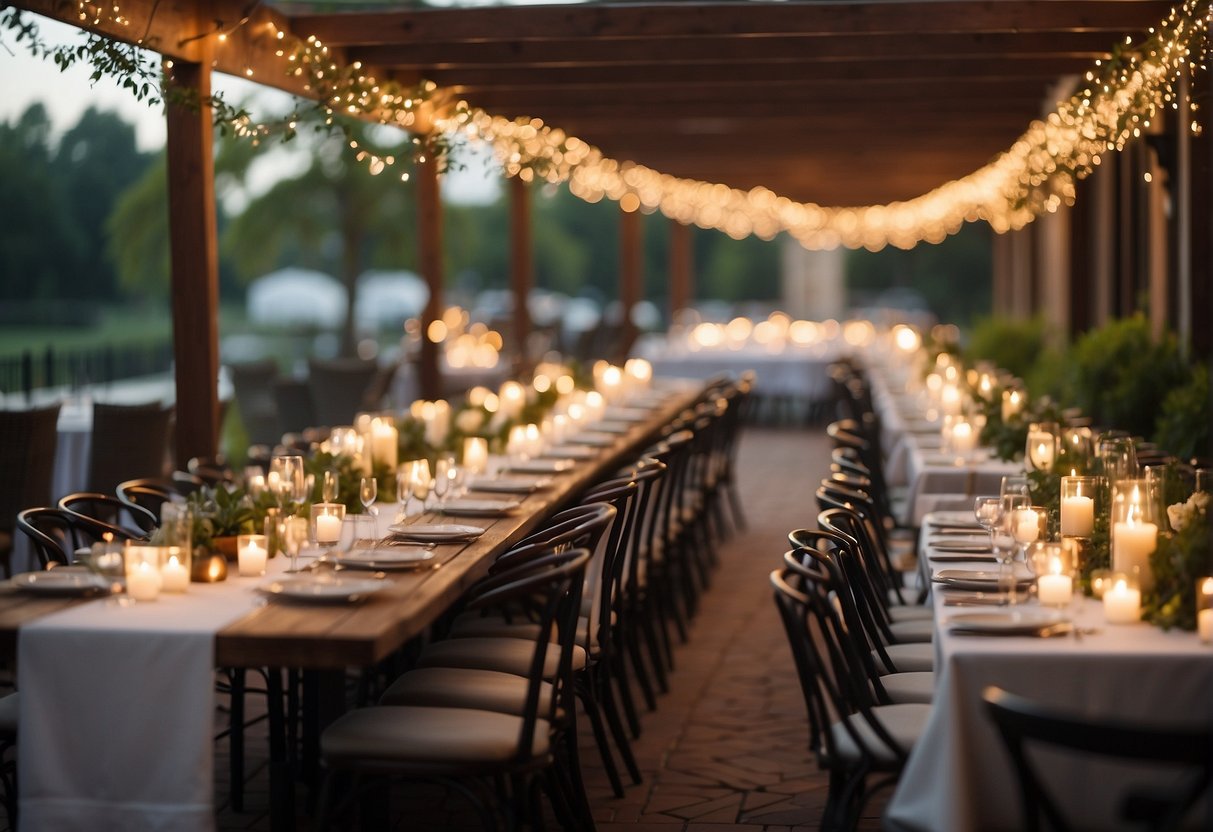 A beautifully decorated outdoor patio with twinkling lights, cozy seating, and a long banquet table adorned with elegant centerpieces and place settings