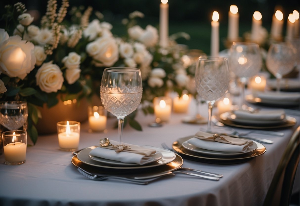 A beautifully set table with elegant place settings, adorned with fresh flowers and flickering candles, showcasing a carefully curated menu of delectable dishes for a rehearsal dinner