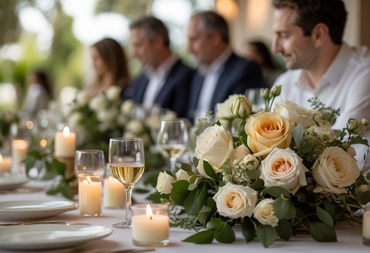 Guests admire elegant table settings with fresh flowers and personalized place cards at a beautifully decorated venue