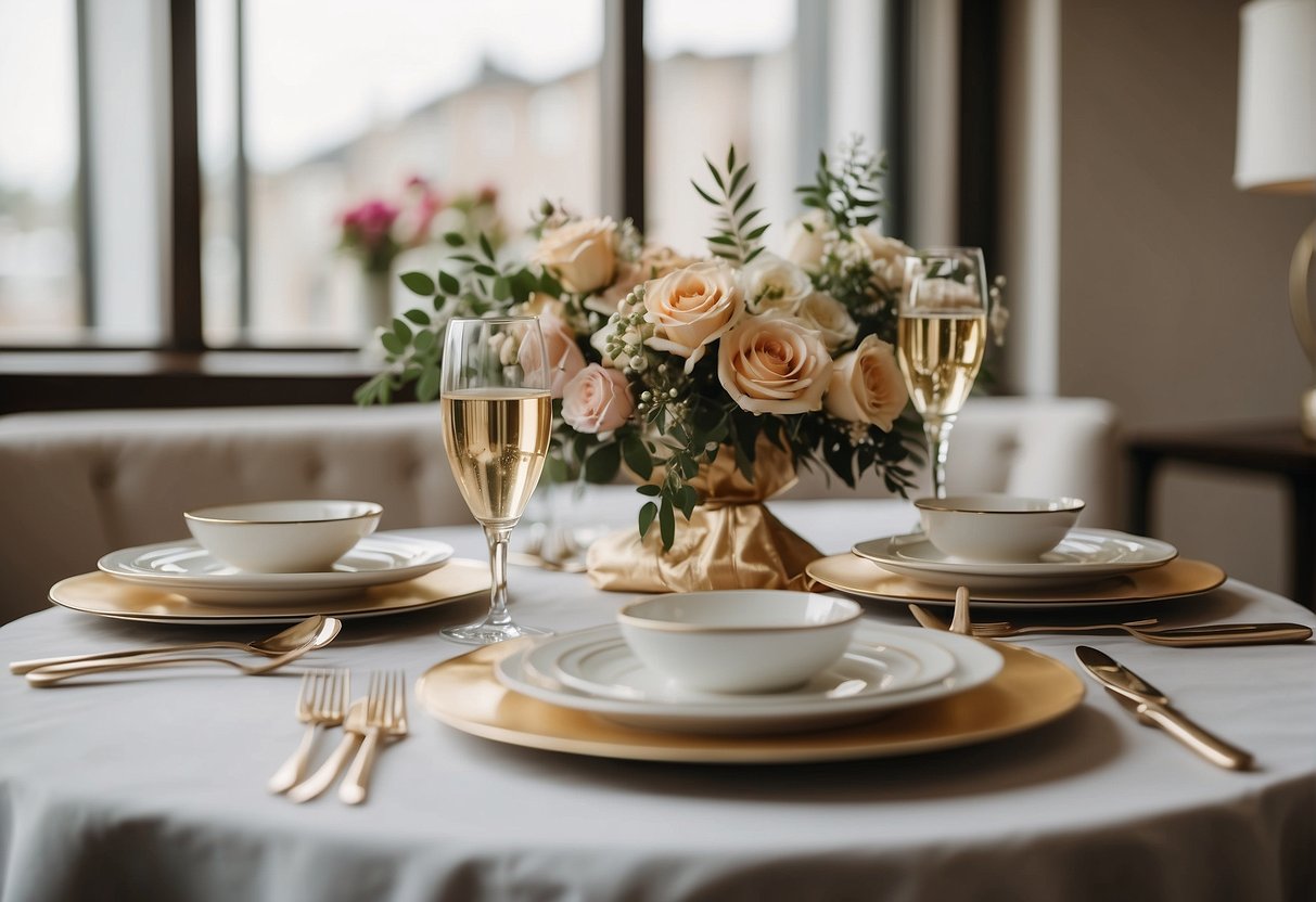 A table adorned with bridal shower themes: floral centerpieces, elegant place settings, and gift wrapping ideas displayed on a side table