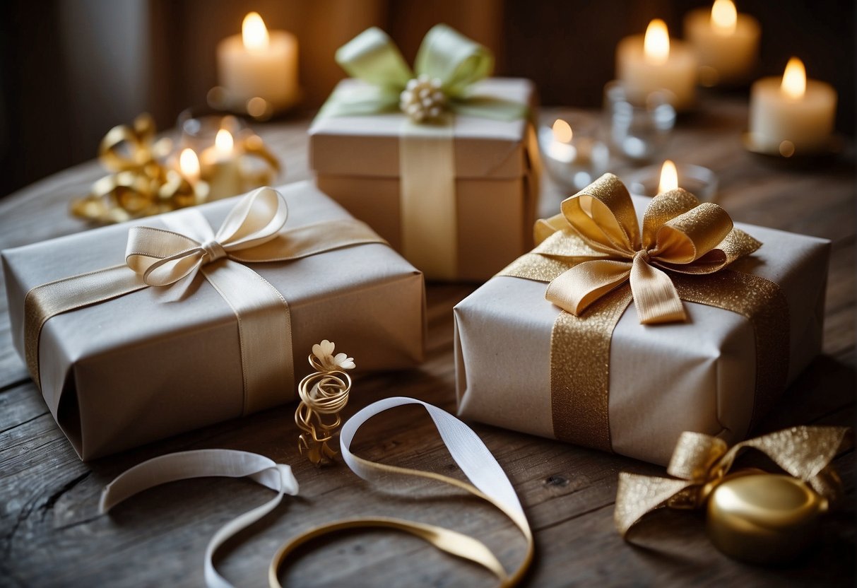 A table is set with various wedding-themed gift wrapping supplies: ribbons, bows, floral accents, and elegant paper. A pair of scissors and tape dispenser are nearby