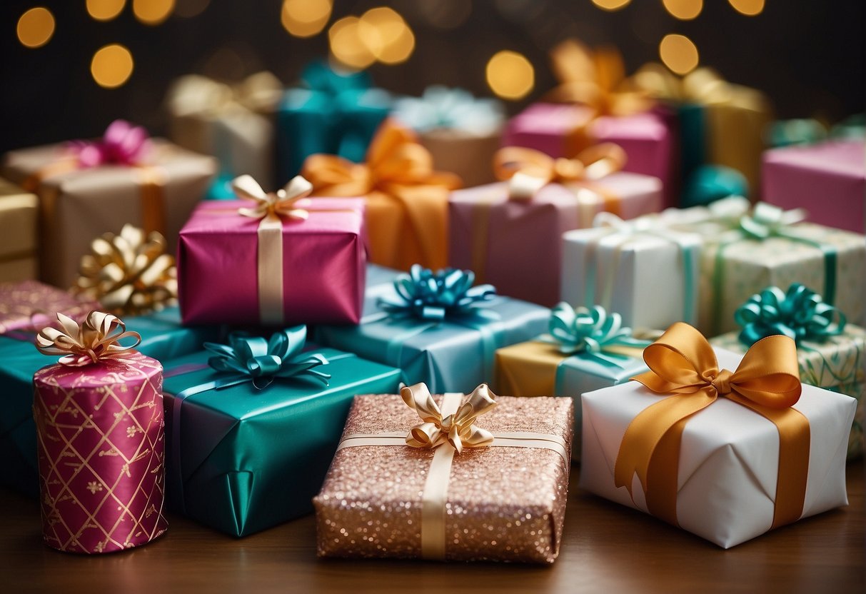 Colorful gift wrap, ribbons, and modern decorative elements arranged on a table. A variety of alternative and modern ideas displayed for wedding shower gift wrapping